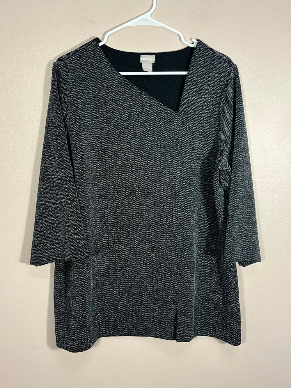 Chico's Black & Gray Herringbone Scoop Neck Tunic Top
